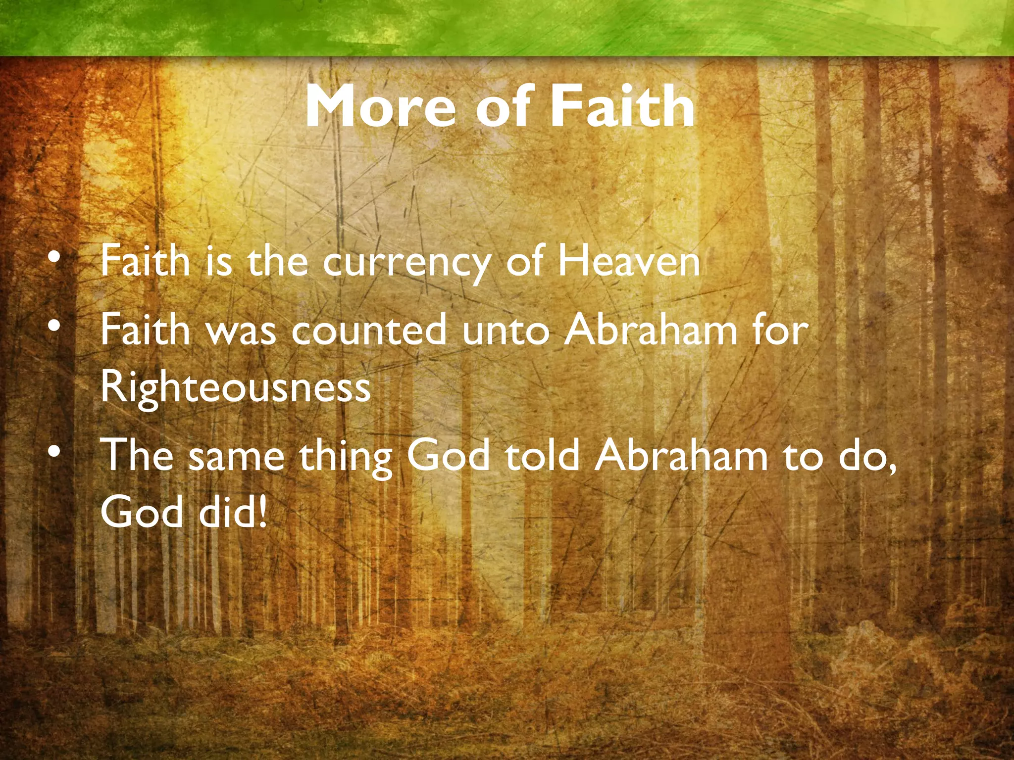 More of Faith
• Faith is the currency of Heaven
• Faith was counted unto Abraham for
Righteousness
• The same thing God told Abraham to do,
God did!