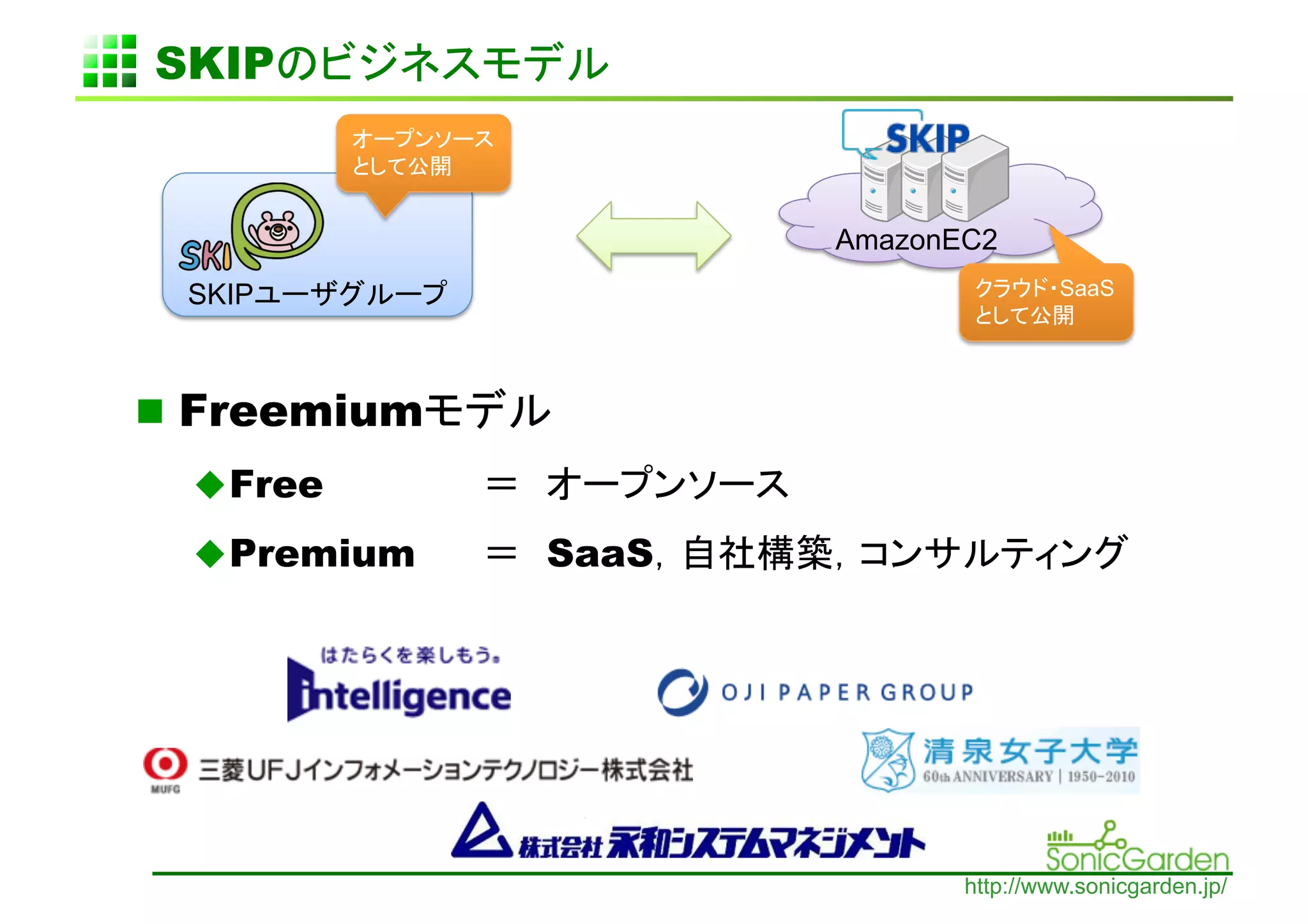 SKIP                 	

              	


                          AmazonEC2	
  SKIP                                     SaaS
                                            	



  Freemium
   Free
   Premium        SaaS




                                  http://www.sonicgarden.jp/
 