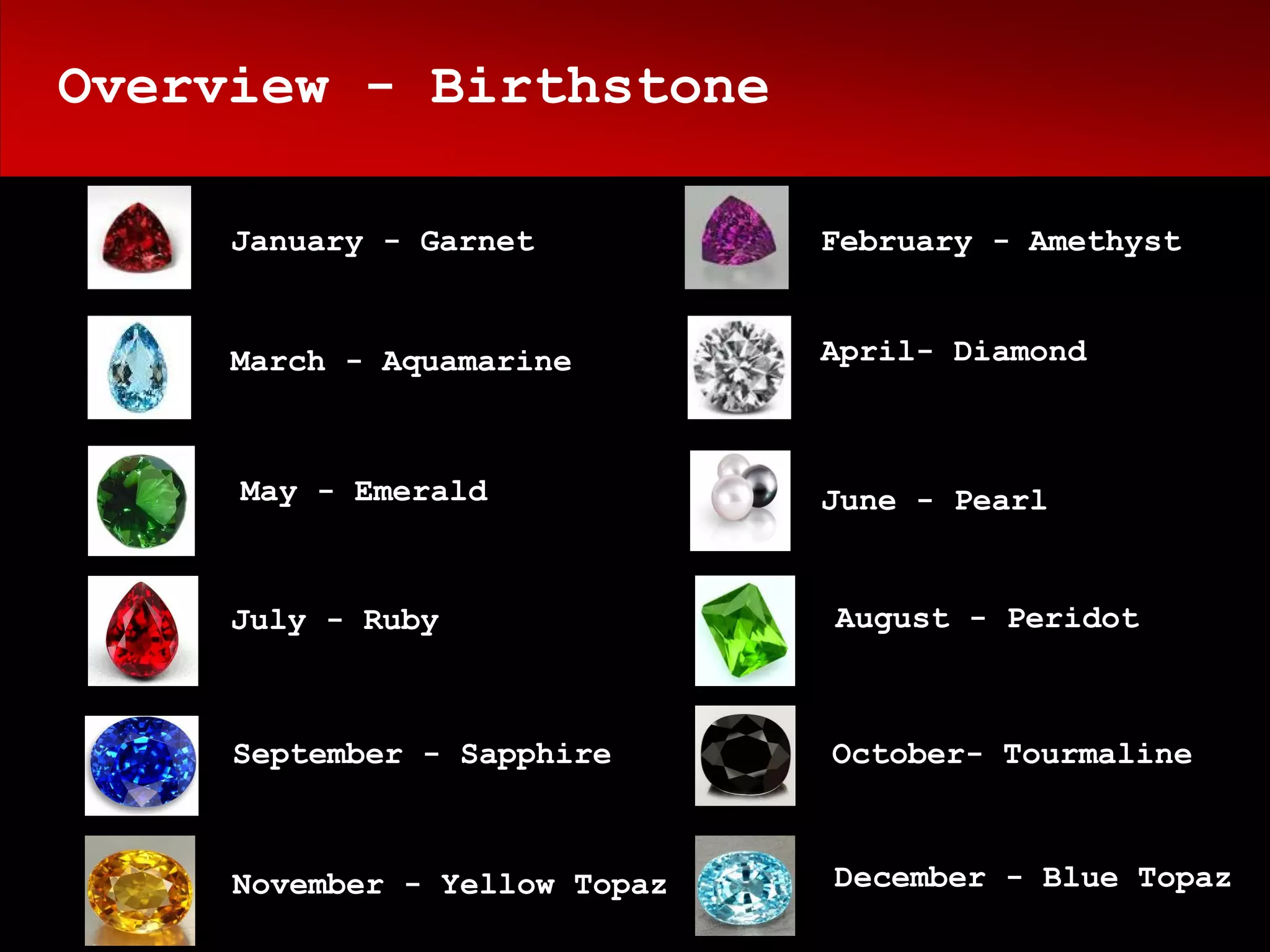 Overview - Birthstone

     January - Garnet          February - Amethyst


     March - Aquamarine        April- Diamond



     May - Emerald             June - Pearl


     July - Ruby               August - Peridot



     September - Sapphire      October- Tourmaline



     November - Yellow Topaz   December - Blue Topaz
 