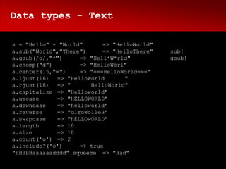 Data types - Text

a = "Hello" + "World"      => "HelloWorld"
a.sub("World","There")     => "HelloThere"   sub!
a.gsub(/o/,"*")     => "Hell*W*rld"          gsub!
a.chomp("d")        => "HelloWorl"
a.center(15,"=")    => "===HelloWorld==="
a.ljust(16) => "HelloWorld        "
a.rjust(16) => "       HelloWorld"
a.capitalize => "Helloworld"
a.upcase     => "HELLOWORLD"
a.downcase   => "helloworld"
a.reverse    => "dlroWolleH"
a.swapcase   => "hELLOwORLD"
a.length     => 10
a.size       => 10
a.count('o') => 2
a.include?('o')     => true
"BBBBBaaaaaadddd".squeeze => "Bad"
 