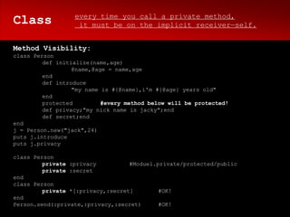 every time you call a private method,
Class              it must be on the implicit receiver—self.


Method Visibility:
class Person
         def initialize(name,age)
                  @name,@age = name,age
         end
         def introduce
                  "my name is #{@name},i'm #{@age} years old"
         end
         protected         #every method below will be protected!
         def privacy;"my nick name is jacky";end
         def secret;end
end
j = Person.new("jack",24)
puts j.introduce
puts j.privacy

class Person
         private :privacy          #Moduel.private/protected/public
         private :secret
end
class Person
         private *[:privacy,:secret]        #OK!
end
Person.send(:private,:privacy,:secret)      #OK!
 