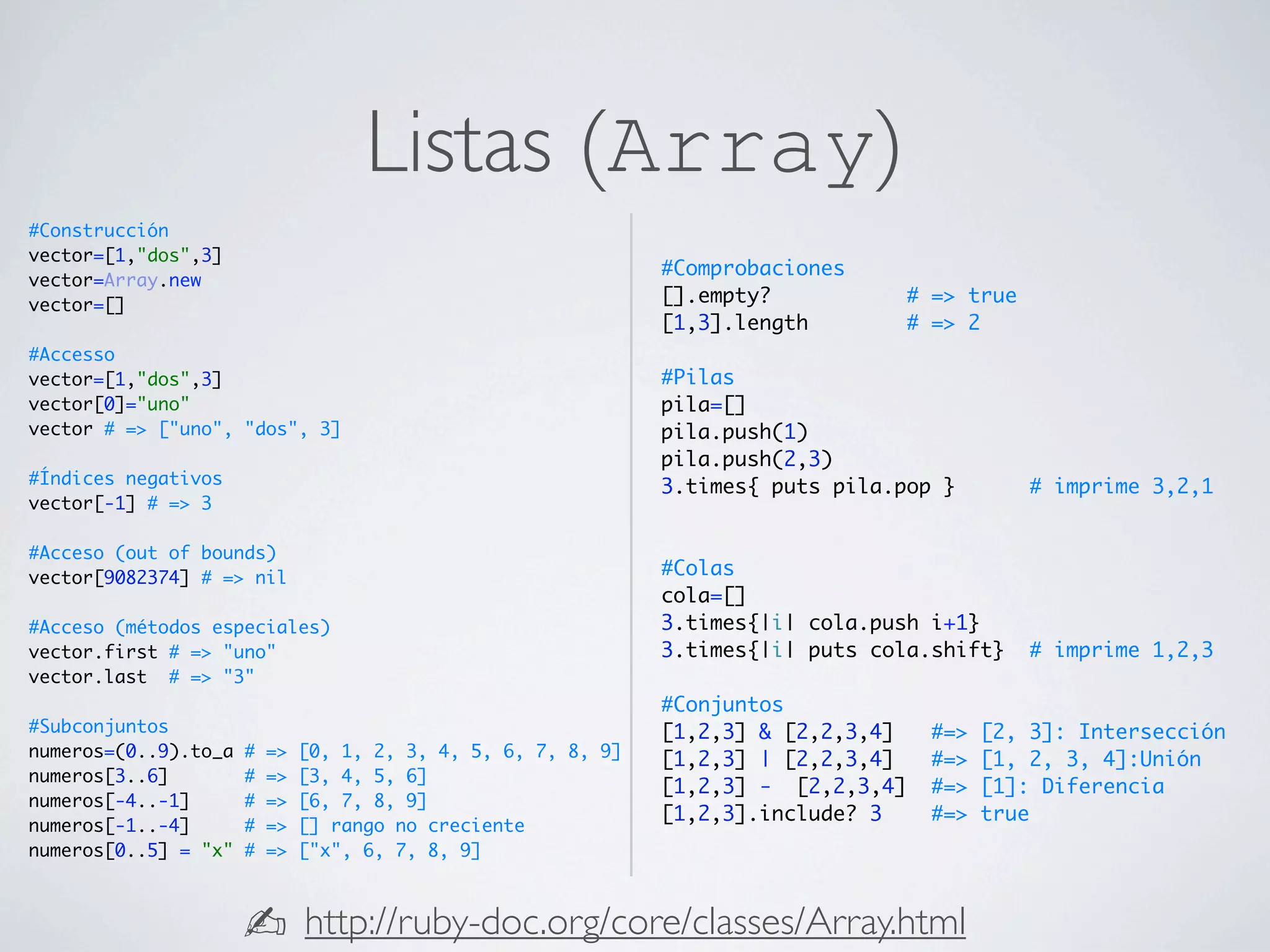 Listas (Array)
#Construcción
vector=[1,"dos",3]
                                                                #Comprobaciones
vector=Array.new
vector=[]                                                       [].empty?             # => true
                                                                [1,3].length          # => 2
#Accesso
vector=[1,"dos",3]                                              #Pilas
vector[0]="uno"                                                 pila=[]
vector # => ["uno", "dos", 3]                                   pila.push(1)
                                                                pila.push(2,3)
#Índices negativos                                              3.times{ puts pila.pop }          # imprime 3,2,1
vector[-1] # => 3

#Acceso (out of bounds)
vector[9082374] # => nil                                        #Colas
                                                                cola=[]
#Acceso (métodos especiales)                                    3.times{|i| cola.push i+1}
vector.first # => "uno"                                         3.times{|i| puts cola.shift}      # imprime 1,2,3
vector.last # => "3"
                                                                #Conjuntos
#Subconjuntos                                                   [1,2,3] & [2,2,3,4]     #=>   [2, 3]: Intersección
numeros=(0..9).to_a   #   =>   [0, 1, 2, 3, 4, 5, 6, 7, 8, 9]   [1,2,3] | [2,2,3,4]     #=>   [1, 2, 3, 4]:Unión
numeros[3..6]         #   =>   [3, 4, 5, 6]
                                                                [1,2,3] - [2,2,3,4]     #=>   [1]: Diferencia
numeros[-4..-1]       #   =>   [6, 7, 8, 9]
                                                                [1,2,3].include? 3      #=>   true
numeros[-1..-4]       #   =>   [] rango no creciente
numeros[0..5] = "x"   #   =>   ["x", 6, 7, 8, 9]



                      ✍        http://ruby-doc.org/core/classes/Array.html
 