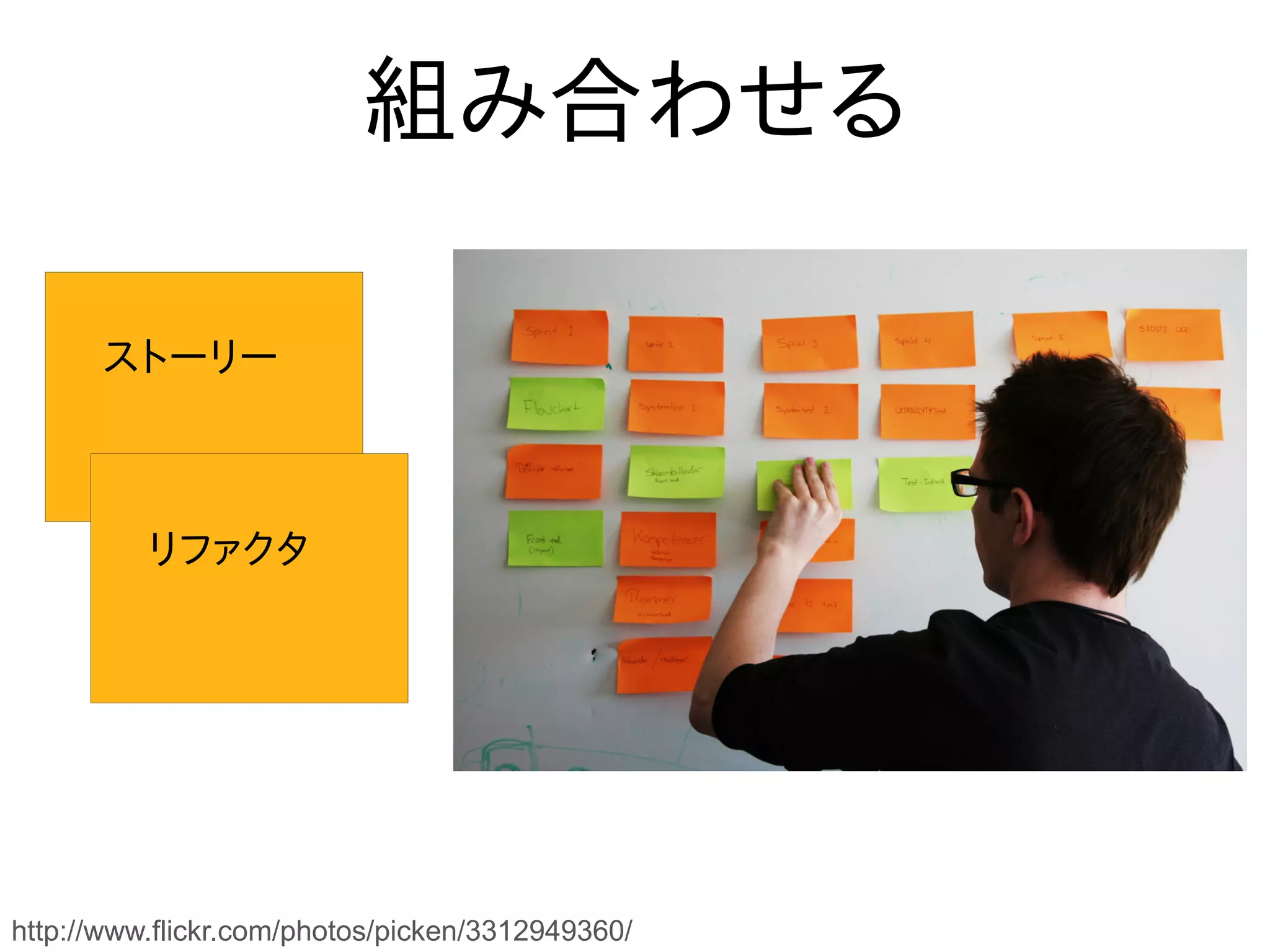 組み合わせる

      ストーリー



          リファクタ




http://www.flickr.com/photos/picken/3312949360/
 