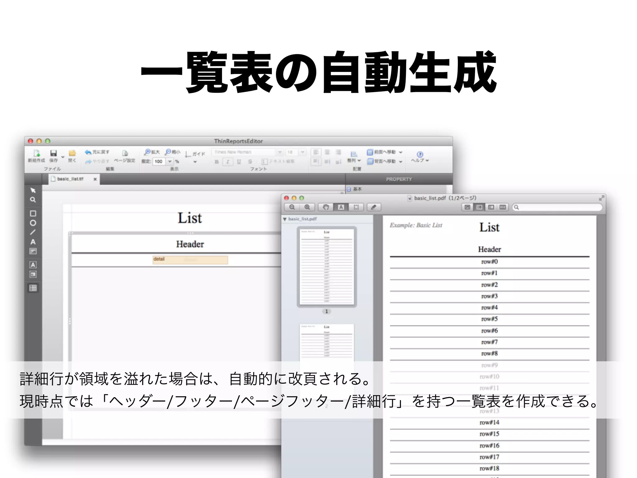 一覧表の自動生成




詳細行が領域を溢れた場合は、自動的に改頁される。
現時点では「ヘッダー/フッター/ページフッター/詳細行」を持つ一覧表を作成できる。
 