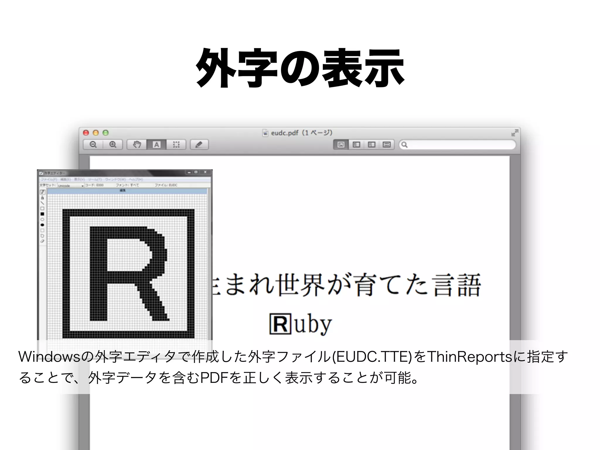 外字の表示




Windowsの外字エディタで作成した外字ファイル(EUDC.TTE)をThinReportsに指定す
ることで、外字データを含むPDFを正しく表示することが可能。
 