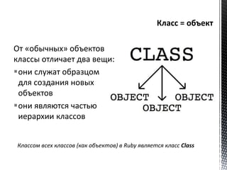 От «обычных» объектов 
классы отличает два вещи: 
они служат образцом 
для создания новых 
объектов 
они являются частью 
иерархии классов 
Классом всех классов (как объектов) в Ruby является класс Class 
 