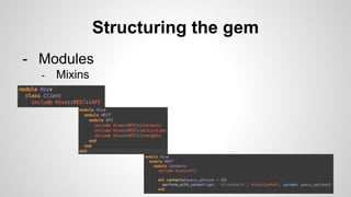 Structuring the gem
- Modules
- Mixins
 