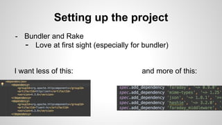 Setting up the project
- Bundler and Rake
- Love at first sight (especially for bundler)
I want less of this: and more of this:
 
