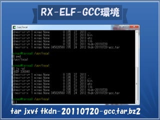 RX-ELF-GCC環境
tar jxvf tkdn-20110720-gcc.tar.bz2
 