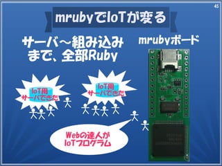 45
Webの達人が
IoTプログラム
IoT用
サーバできたIoT用
サーバできた
mrubyでIoTが変る
サーバ～組み込み
まで、全部Ruby
mrubyボード
 