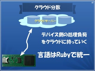 47
クラウド分散
デバイス側の処理負荷
をクラウドに持っていく
クラウドサーバークラウドサーバー
言語はRubyで統一
 