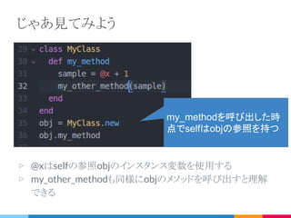 selfキーワード
Rubyのコードには常にselfの役割を担う、カレントオブジェクトという
オブジェクトの参照を持っている。
▷ メソッドを呼び出すと、レシーバがselfになる
▷ レシーバを明示せずにメソッドを呼び出すと、selfに対するメ
ソッド呼び出しになる
▷ インスタンス変数は常にselfのインスタンス変数とみなされる
Rubyの達人になりたければ常にselfを意識してプログラミングせよ。
とのことです。
 