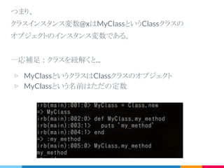 Rubyはすべてのインスタンス変数はselfに属するものと思ってい
る。
selfはMyClass
そのもの
selfはレシーバ
になる
クラスインスタンス変数と
インスタンス変数は別物！
間違えるな！
 