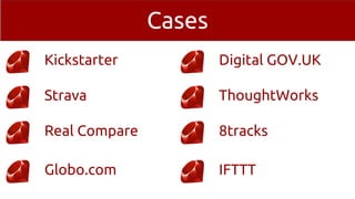 Cases
Kickstarter
Strava
Real Compare
Globo.com
Digital GOV.UK
ThoughtWorks
8tracks
IFTTT
 