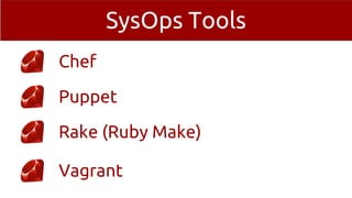 SysOps Tools
Chef
Puppet
Rake (Ruby Make)
Vagrant
 
