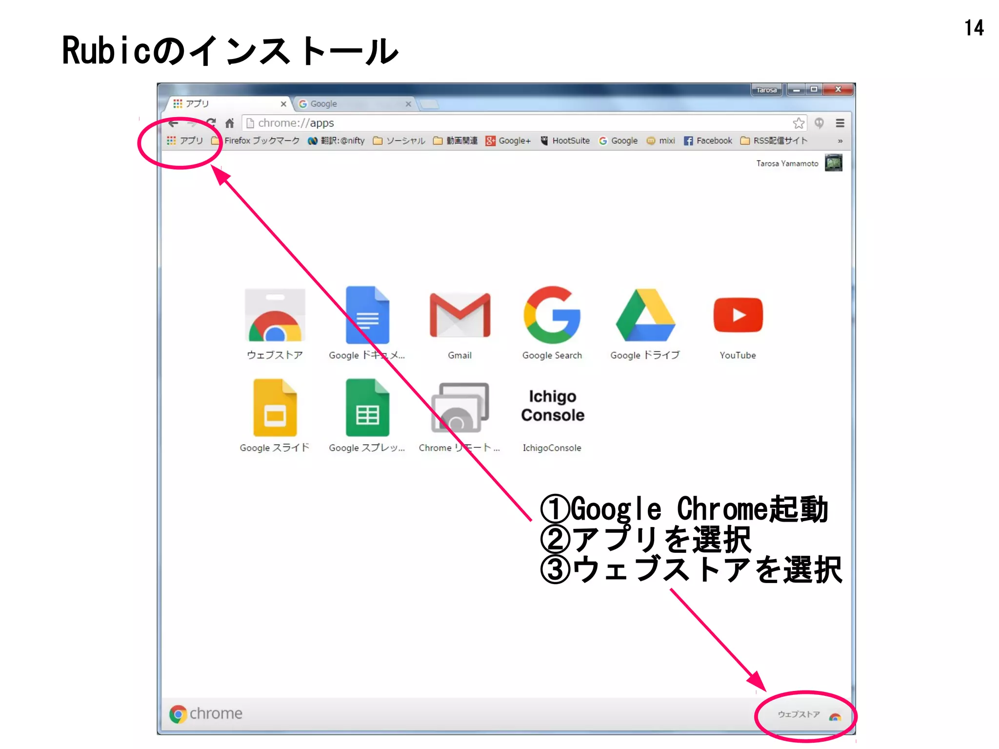 14
Rubicのインストール
①Google Chrome起動
②アプリを選択
③ウェブストアを選択
 