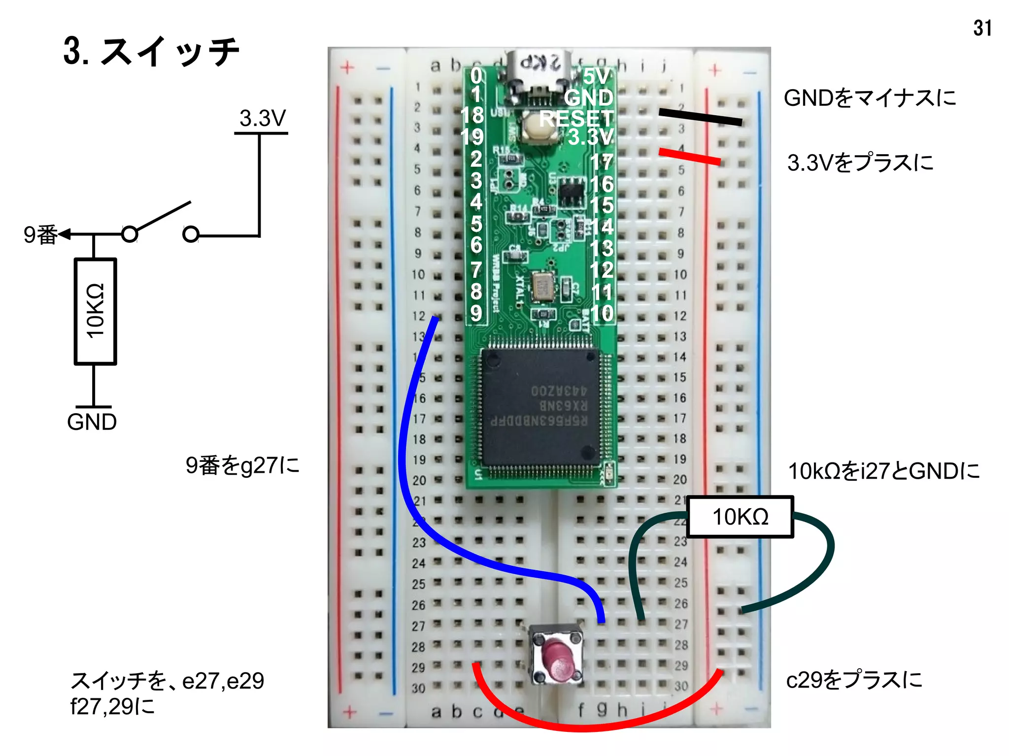 31
3.スイッチ
#!mruby
Serial.begin(0, 115200)
Serial.println(0, "Switch")
pinMode(9, 0)
100.times do
b = digitalRead(9)
led b
Serial.println(0, b.to_s)
delay 100
end
0/1でスイッチの
状態 が表示されます。
 