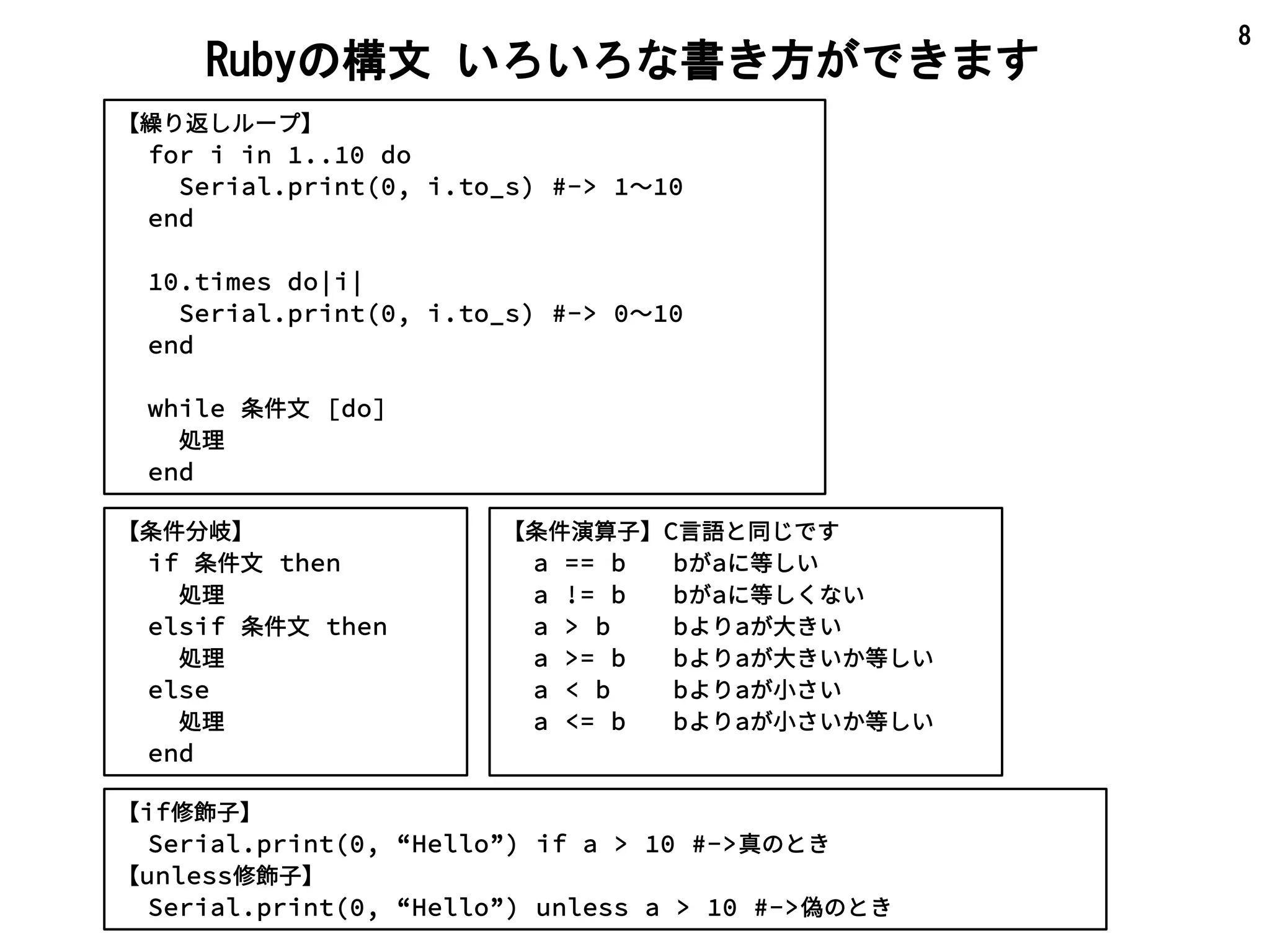 8
【繰り返しループ】
for i in 1..10 do
Serial.print(0, i.to_s) #-> 1～10
end
10.times do|i|
Serial.print(0, i.to_s) #-> 0～10
end
while 条件文 [do]
処理
end
Rubyの構文 いろいろな書き方ができます
【条件演算子】C言語と同じです
a == b bがaに等しい
a != b bがaに等しくない
a > b bよりaが大きい
a >= b bよりaが大きいか等しい
a < b bよりaが小さい
a <= b bよりaが小さいか等しい
【条件分岐】
if 条件文 then
処理
elsif 条件文 then
処理
else
処理
end
【if修飾子】
Serial.print(0, “Hello”) if a > 10 #->真のとき
【unless修飾子】
Serial.print(0, “Hello”) unless a > 10 #->偽のとき
 