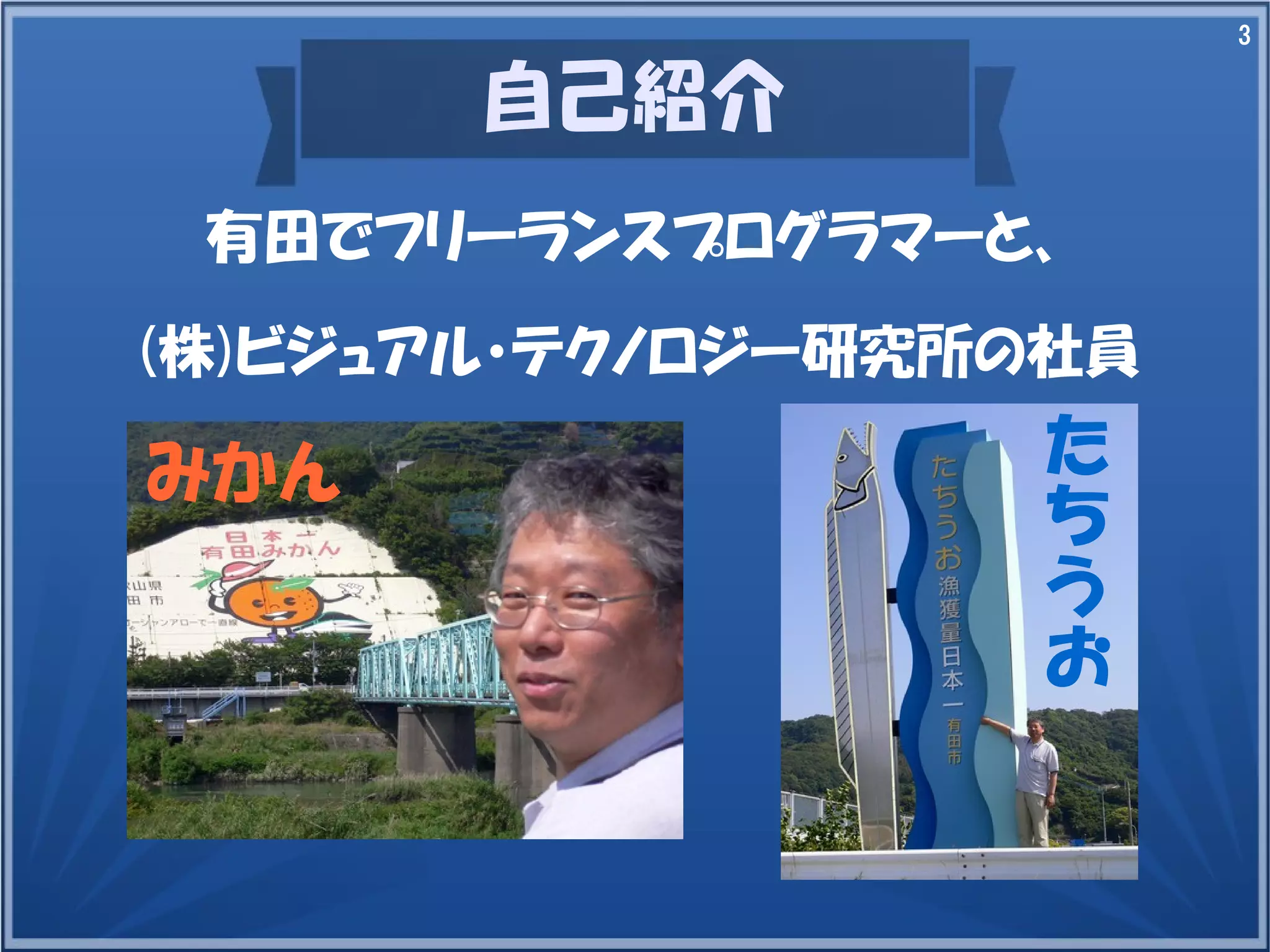 3
自己紹介
た
ち
う
お
みかん
有田でフリーランスプログラマーと、
(株)ビジュアル・テクノロジー研究所の社員
 