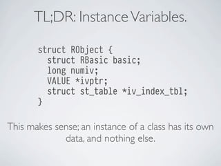 TL;DR: Instance Variables.
struct RObject {
struct RBasic basic;
long numiv;
VALUE *ivptr;
struct st_table *iv_index_tbl;
}

This makes sense; an instance of a class has its own
data, and nothing else.

 