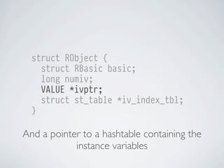 struct RObject {
struct RBasic basic;
long numiv;
VALUE *ivptr;
struct st_table *iv_index_tbl;
}

And a pointer to a hashtable containing the
instance variables

 