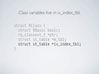 Class variables live in iv_index_tbl.
struct RClass {
struct RBasic basic;
rb_classext_t *ptr;
struct st_table *m_tbl;
struct st_table *iv_index_tbl;
}

 
