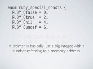 enum ruby_special_consts {
RUBY_Qfalse = 0,
RUBY_Qtrue = 2,
RUBY_Qnil
= 4,
RUBY_Qundef = 6,
RUBY_IMMEDIATE_MASK = 0x03,
RUBY_FIXNUM_FLAG
= 0x01,
A RUBY_SYMBOL_FLAG a big integer, with a
pointer is basically just
= 0x0e,
number referring to a memory
RUBY_SPECIAL_SHIFT = 8 address.
};

 