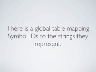 There is a global table mapping
Symbol IDs to the strings they
represent.

 