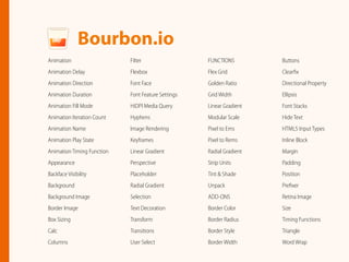 Animation
Animation Delay
Animation Direction
Animation Duration
Animation Fill Mode
Animation Iteration Count
Animation Name
Animation Play State
Animation Timing Function
Appearance
Backface Visibility
Background
Background Image
Border Image
Box Sizing
Calc
Columns
Filter
Flexbox
Font Face
Font Feature Settings
HiDPI Media Query
Hyphens
Image Rendering
Keyframes
Linear Gradient
Perspective
Placeholder
Radial Gradient
Selection
Text Decoration
Transform
Transitions
User Select
Bourbon.io
FUNCTIONS
Flex Grid
Golden Ratio
Grid Width
Linear Gradient
Modular Scale
Pixel to Ems
Pixel to Rems
Radial Gradient
Strip Units
Tint & Shade
Unpack
ADD-ONS
Border Color
Border Radius
Border Style
Border Width
Buttons
Clearﬁx
Directional Property
Ellipsis
Font Stacks
Hide Text
HTML5 Input Types
Inline Block
Margin
Padding
Position
Preﬁxer
Retina Image
Size
Timing Functions
Triangle
Word Wrap
 