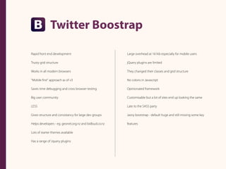 Twitter Boostrap
Rapid front end development
Trusty grid structure
Works in all modern browsers
"Mobile ﬁrst" approach as of v3
Saves time debugging and cross browser testing
Big user community
LESS
Gives structure and consistancy for large dev groups
Helps developers - eg. geonet.org.nz and bidbud.co.nz
Lots of starter themes available
Has a range of Jquery plugins
Large overhead at 161kb especially for mobile users
jQuery plugins are limited
They changed their classes and grid structure
No colons in Javascript
Opinionated framework
Customisable but a lot of sites end up looking the same
Late to the SASS party
Jasny bootstrap - default huge and still missing some key
features
 