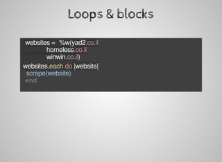 Loops	&	blocks
	websites	=	%w(yad2.co.il
															homeless.co.il
															winwin.co.il)
	websites.each	do	|website|
			scrape(website)
	end
 
