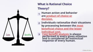 What is Rational Choice
Theory?
1
2
3
Human action and behavior
are product of choice or
decision.
Individuals rationalize their situations
by processing between the most
beneficial choice and the lesser
individual cost.
Cost benefit analysis is always
performed in every given situation
and is considered an instinctual
response of every human.
 