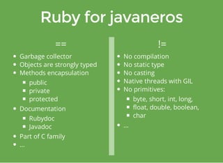 == != 
Garbage collector 
Objects are strongly typed 
Methods encapsulation 
public 
private 
protected 
Documentation 
Rubydoc 
Javadoc 
Part of C family 
... 
No compilation 
No static type 
No casting 
Native threads with GIL 
No primitives: 
byte, short, int, long, 
float, double, boolean, 
char 
... 
 