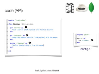 code (API)



             ➊

             ➋
                                                              ➍
                 ➌

                                                      config.ru




                     https://github.com/oisin/plink
 