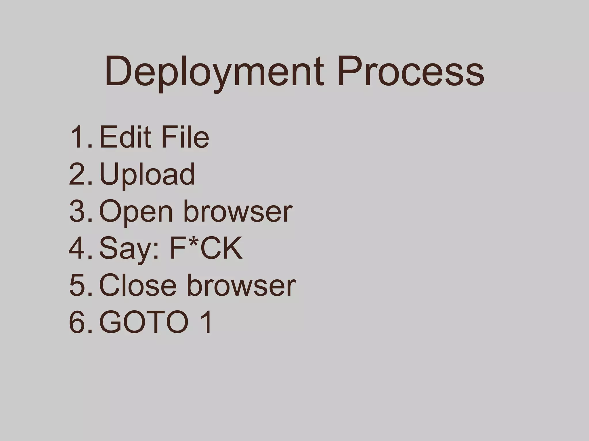 Deployment Process
1. Edit File
2. Upload
3. Open browser
4.Say: F*CK
5. Close browser
6. GOTO 1