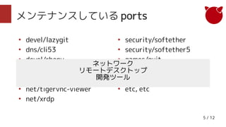 5 / 12
メンテナンスしている ports
●
devel/lazygit
●
dns/cli53
●
devel/rbenv
●
devel/ruby-build
●
net/tigervnc-server
●
net/tigervnc-...
