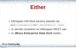 Either
• Infinispan Hot Rod servers started via:
• or servlet container w/ Infinispan REST war
• or JBoss Enterprise Data Grid nodes
Thursday, November 3, 11
 
