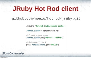 JRuby Hot Rod client
github.com/noelo/hotrod-jruby.git
Thursday, November 3, 11
 