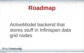Roadmap
ActiveModel backend that
stores stuff in Infinispan data
grid nodes
Thursday, November 3, 11
 