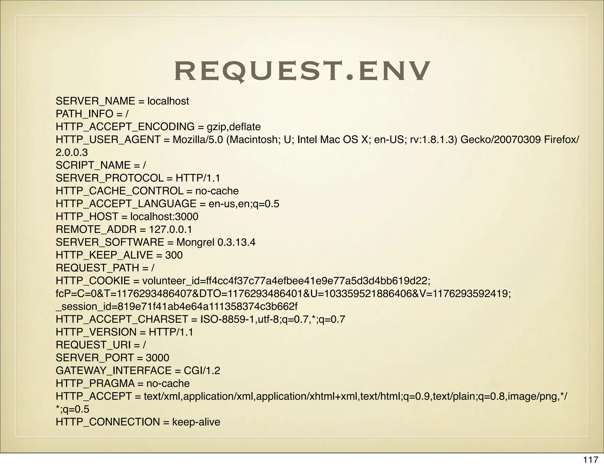 request.env
SERVER_NAME = localhost
PATH_INFO = /
HTTP_ACCEPT_ENCODING = gzip,deﬂate
HTTP_USER_AGENT = Mozilla/5.0 (Macintosh; U; Intel Mac OS X; en-US; rv:1.8.1.3) Gecko/20070309 Firefox/
2.0.0.3
SCRIPT_NAME = /
SERVER_PROTOCOL = HTTP/1.1
HTTP_CACHE_CONTROL = no-cache
HTTP_ACCEPT_LANGUAGE = en-us,en;q=0.5
HTTP_HOST = localhost:3000
REMOTE_ADDR = 127.0.0.1
SERVER_SOFTWARE = Mongrel 0.3.13.4
HTTP_KEEP_ALIVE = 300
REQUEST_PATH = /
HTTP_COOKIE = volunteer_id=ff4cc4f37c77a4efbee41e9e77a5d3d4bb619d22;
fcP=C=0&T=1176293486407&DTO=1176293486401&U=103359521886406&V=1176293592419;
_session_id=819e71f41ab4e64a111358374c3b662f
HTTP_ACCEPT_CHARSET = ISO-8859-1,utf-8;q=0.7,*;q=0.7
HTTP_VERSION = HTTP/1.1
REQUEST_URI = /
SERVER_PORT = 3000
GATEWAY_INTERFACE = CGI/1.2
HTTP_PRAGMA = no-cache
HTTP_ACCEPT = text/xml,application/xml,application/xhtml+xml,text/html;q=0.9,text/plain;q=0.8,image/png,*/
*;q=0.5
HTTP_CONNECTION = keep-alive


                                                                                                             117
 