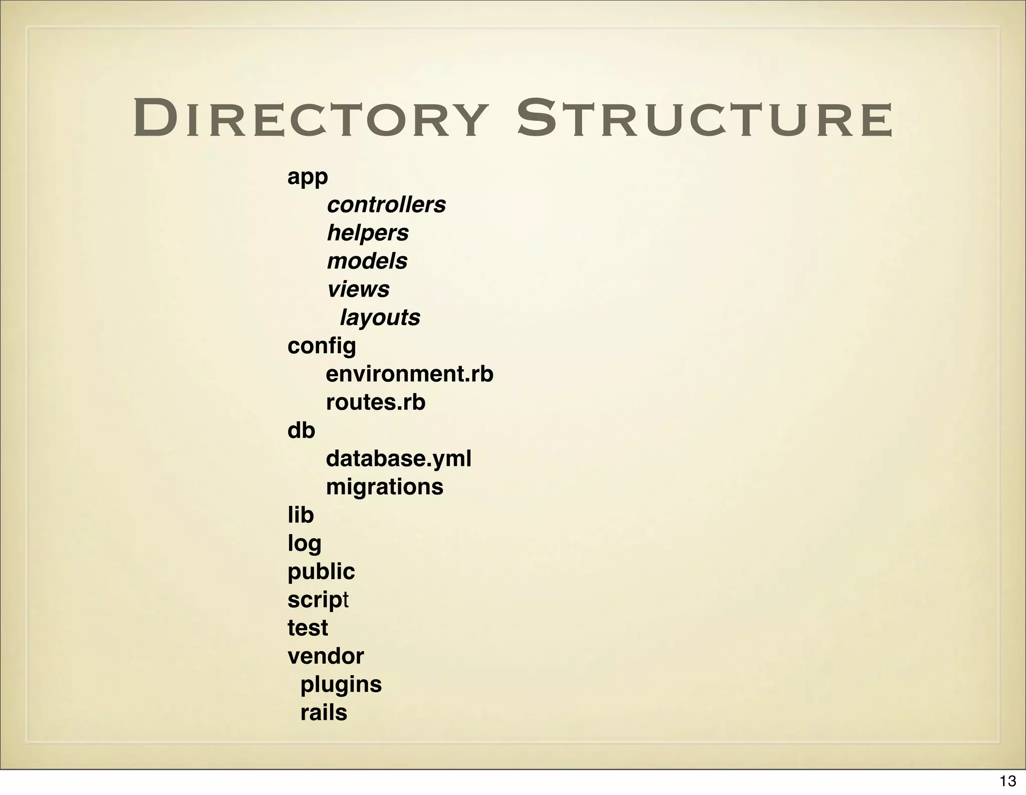 Directory Structure
   app
        controllers
        helpers
        models
        views
         layouts
   conﬁg
        environment.rb
        routes.rb
   db
        database.yml
        migrations
   lib
   log
   public
   script
   test
   vendor
     plugins
     rails

                         13
 