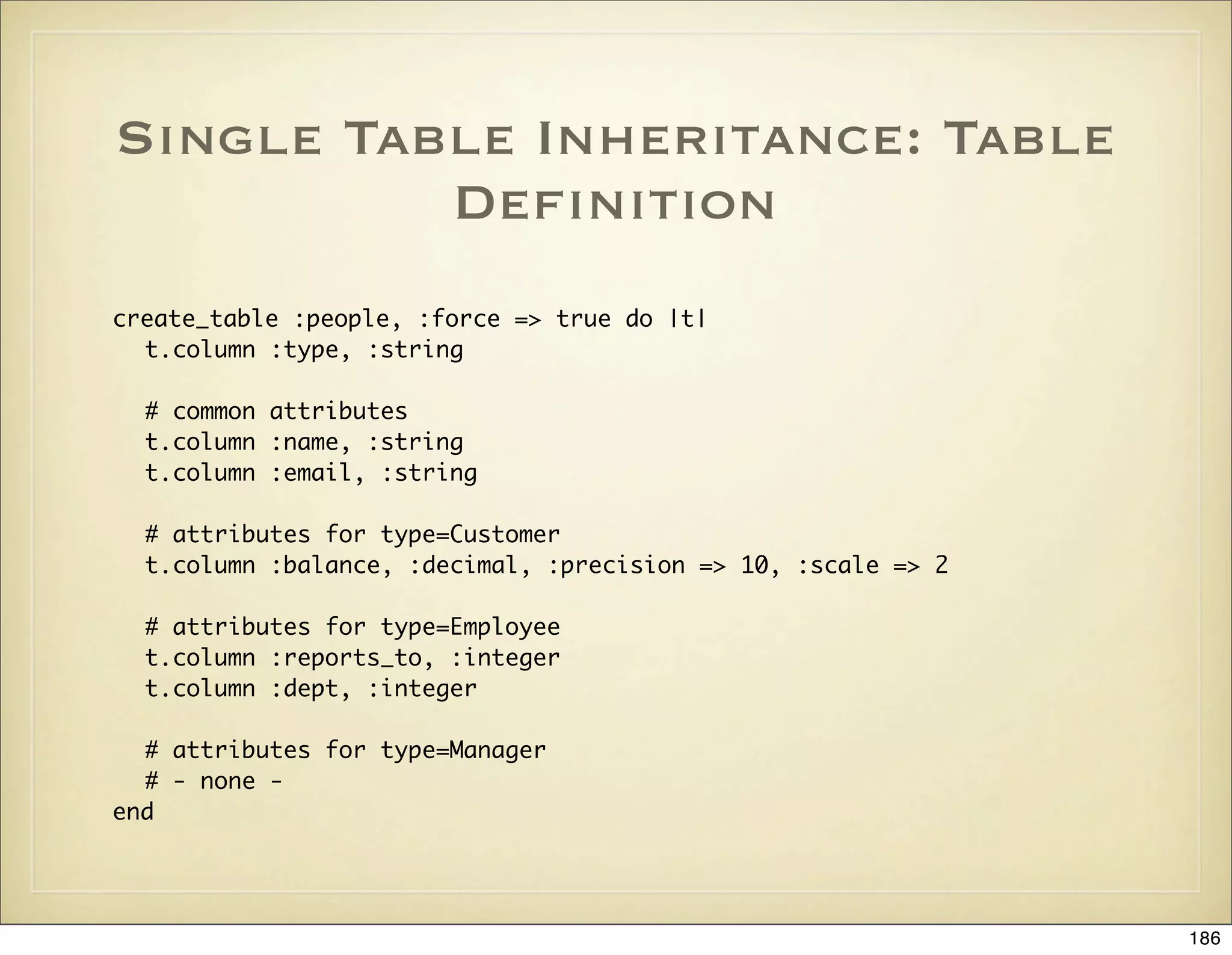 Single Table Inheritance: Table
          Deﬁnition
create_table :people, :force => true do |t|
  t.column :type, :string

  # common attributes
  t.column :name, :string
  t.column :email, :string

  # attributes for type=Customer
  t.column :balance, :decimal, :precision => 10, :scale => 2

  # attributes for type=Employee
  t.column :reports_to, :integer
  t.column :dept, :integer

  # attributes for type=Manager
  # - none -
end




                                                               186
 