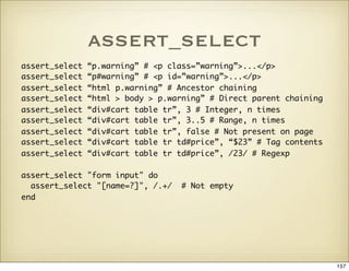 assert_select
assert_select   “p.warning” # <p class=”warning”>...</p>
assert_select   “p#warning” # <p id=”warning”>...</...