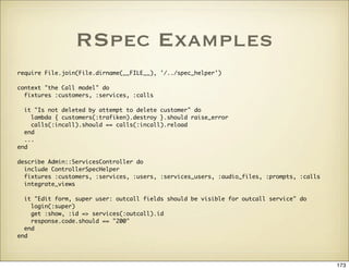 RSpec Examples
require File.join(File.dirname(__FILE__), '/../spec_helper')

context quot;the Call modelquot; do
  fixture...