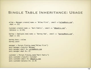 Single Table Inheritance: Usage

wilma = Manager.create(:name => 'Wilma Flint', :email =>quot;wilma@here.comquot;,
:dept =...