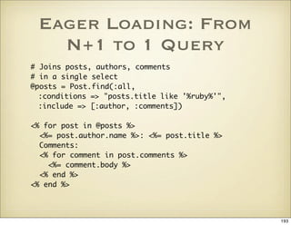 Eager Loading: From
   N+1 to 1 Query
# Joins posts, authors, comments
# in a single select
@posts = Post.find(:all,
  :co...