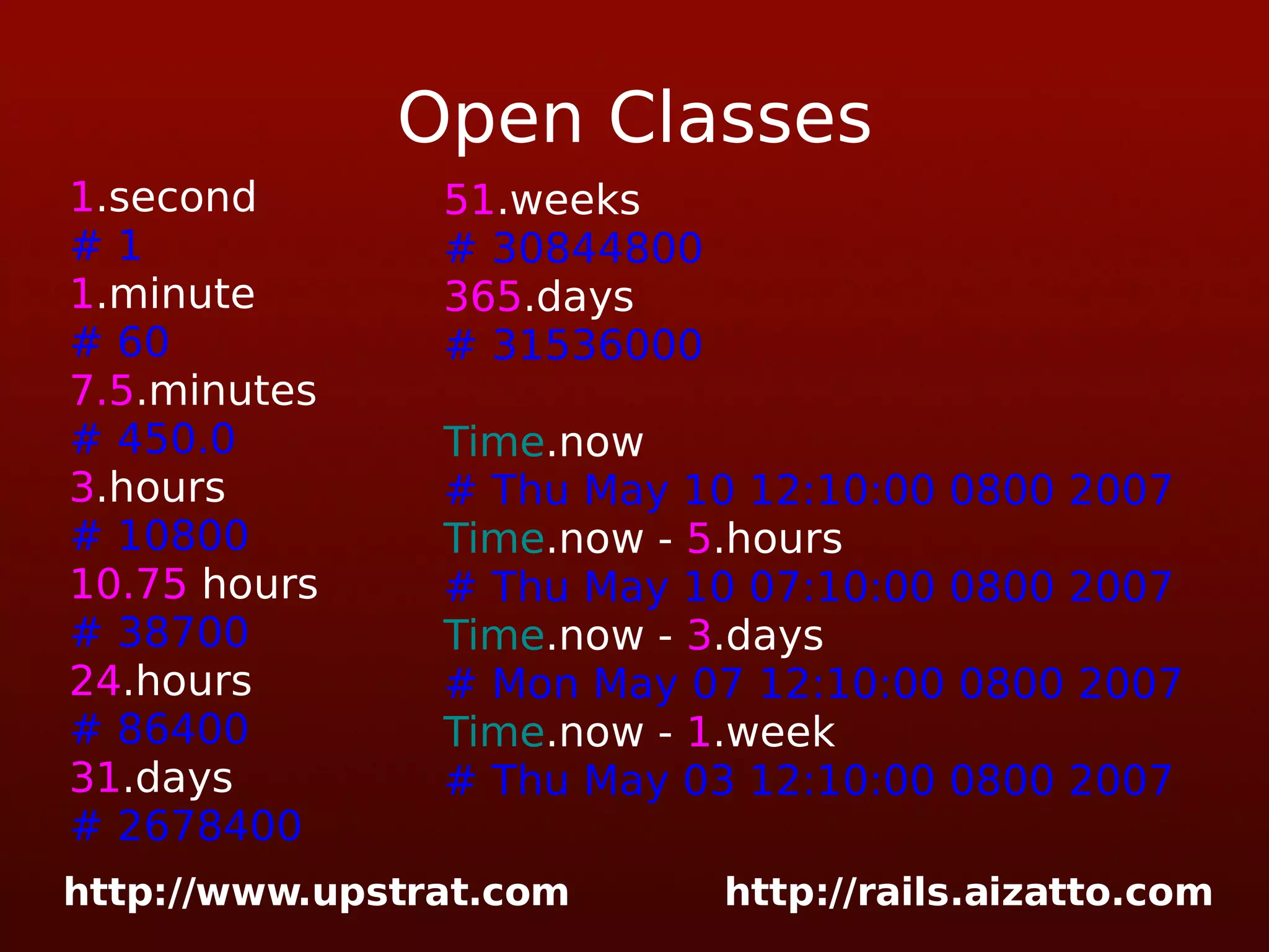 Open Classes 1 .second # 1 1 .minute # 60 7.5 .minutes # 450.0 3 .hours # 10800 10.75 hours # 38700 24 .hours # 86400 31 .days # 2678400 51 .weeks # 30844800 365 .days # 31536000 Time .now # Thu May 10 12:10:00 0800 2007 Time .now - 5 .hours # Thu May 10 07:10:00 0800 2007 Time .now - 3 .days # Mon May 07 12:10:00 0800 2007 Time .now - 1 .week # Thu May 03 12:10:00 0800 2007 