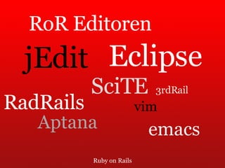 Ruby on Rails RoR Editoren SciTE 3rdRail Aptana jEdit Eclipse vim emacs RadRails 