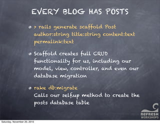 EVERY BLOG HAS POSTS
> rails generate scaffold Post
author:string title:string content:text
permalink:text
Scaffold creates full CRUD
functionality for us, including our
model, view, controller, and even our
database migration
rake db:migrate
Calls our self.up method to create the
posts database table
Saturday, November 20, 2010
 