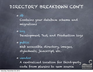 DIRECTORY BREAKDOWN CON’T
db
Contains your database schema and
migrations
log
Development, Test, and Production logs
public
Web accessible directory, images,
stylesheets, javascript, etc.
vendor
A centralized location for third-party
code from plugins to gem source
Saturday, November 20, 2010
 